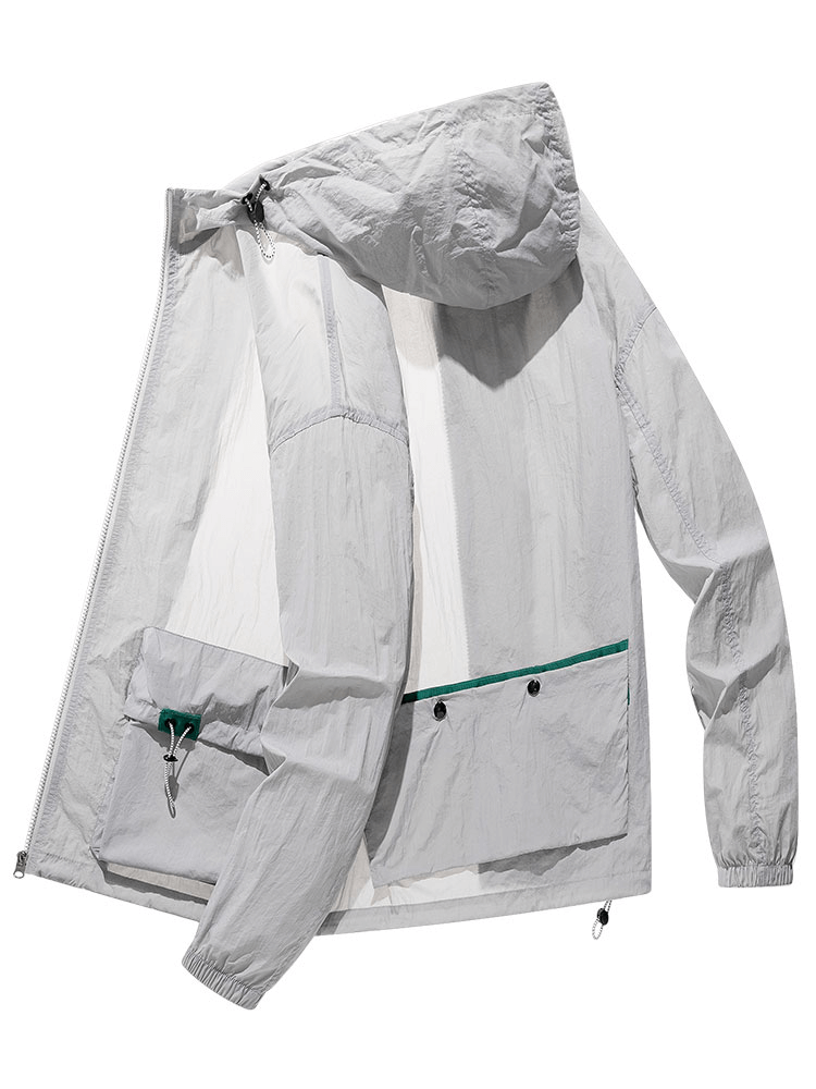 Ultra-Light Windbreaker SF0895 with hood, multiple pockets, and zipper closure, shown open to display nylon lining and sleeve.